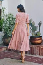 SO ME Stripe Textured Short Sleeves Lined Wrap Midi Dres