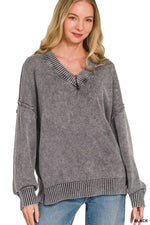 Zenana Washed Deep V-neck Oversized Sweater
