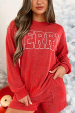 MERRY Round Neck Long Sleeve Top and Shorts Lounge Set