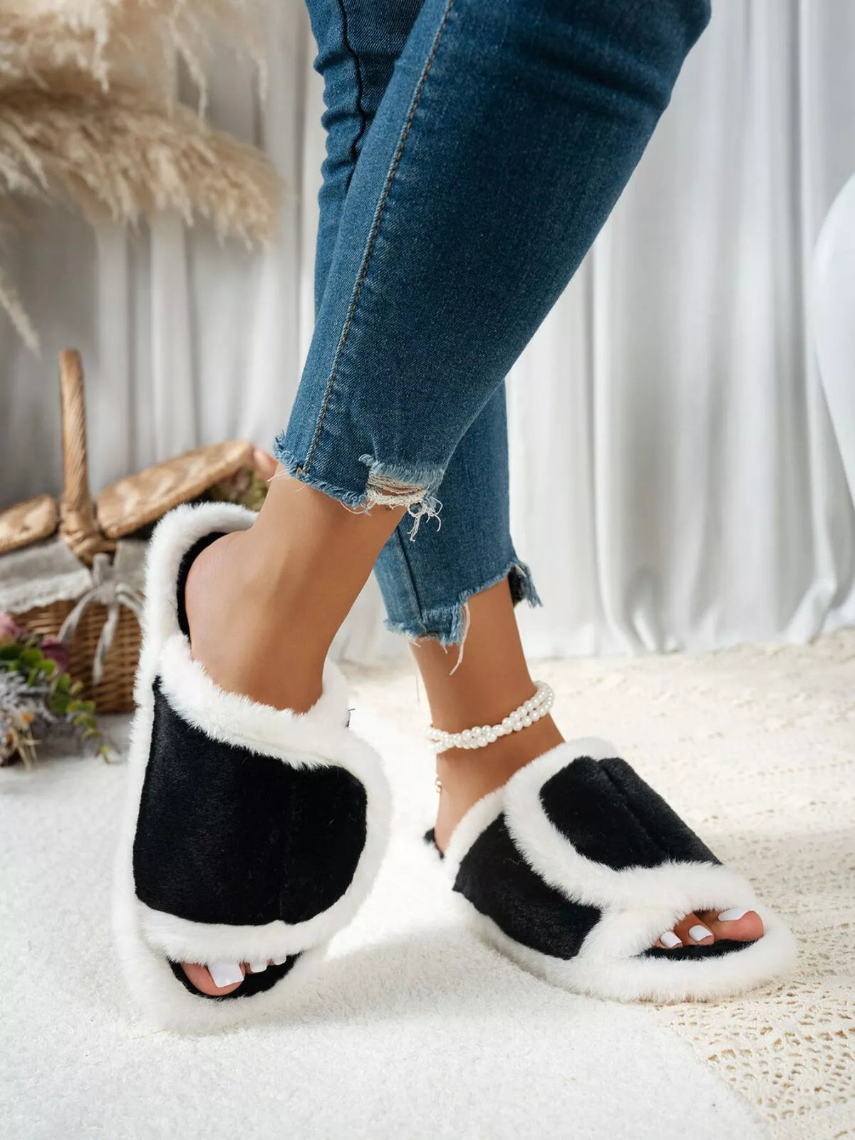 Fuzzy Open Toe Flats Slippers