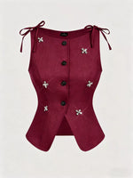 Button-Front Floral Decor Tie Shoulder Vest