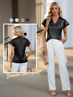 Satin V-Neck Flutter Sleeve Blouse