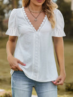 Lace Trim V-Neck Puff Sleeve Blouse