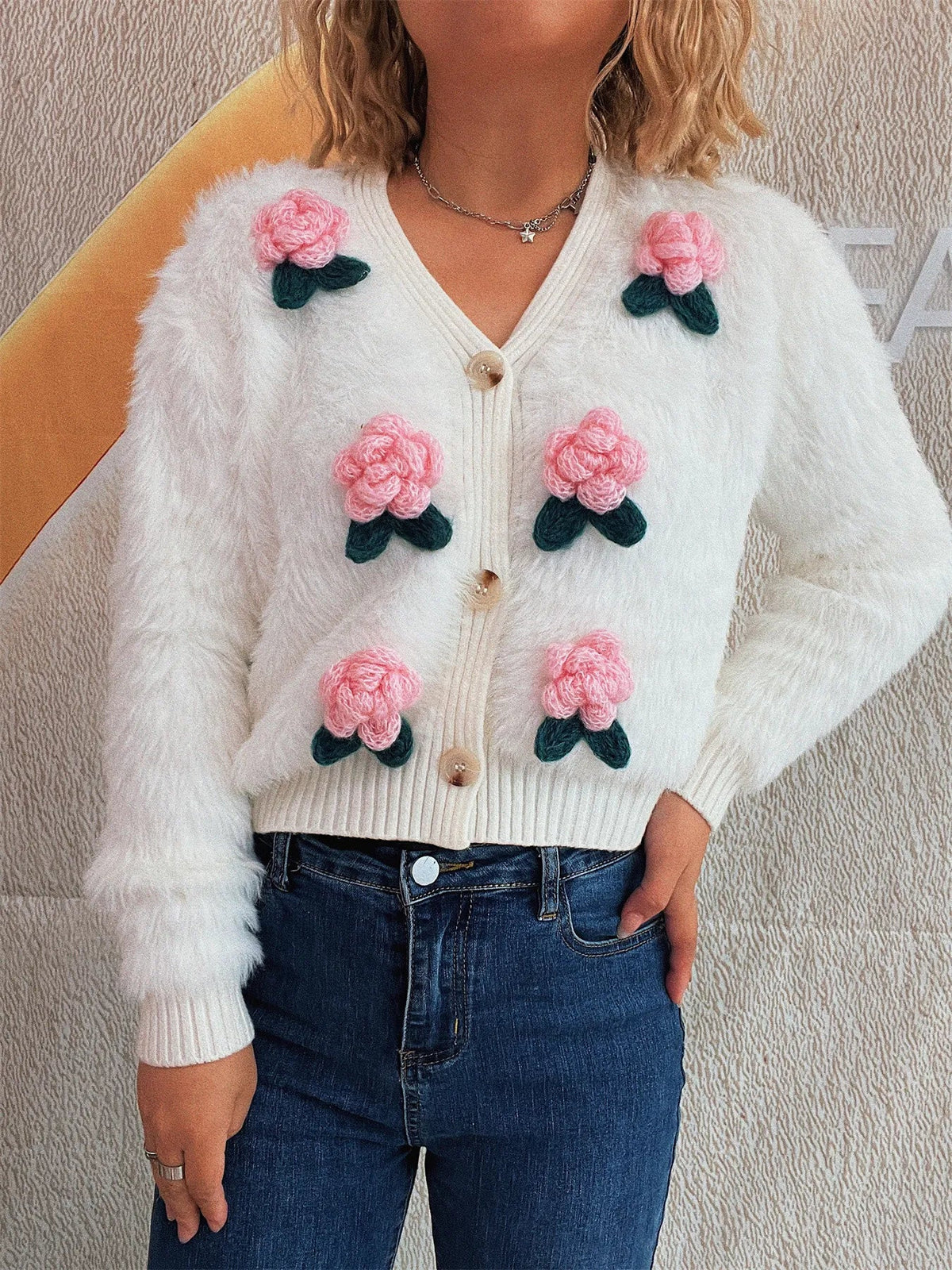 Flower Fuzzy Button-Up Cardigan