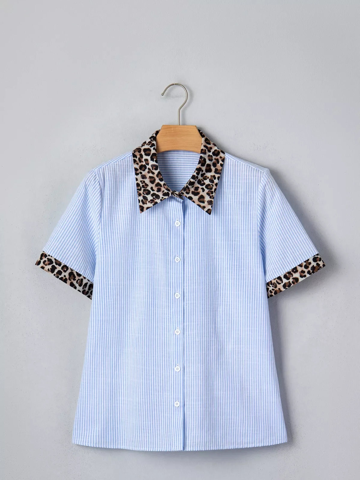 Stripe Leopard Contrast Collar Short Sleeve Shirt