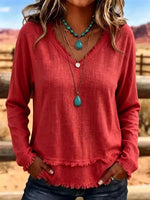 V-Neck Long Sleeve Blouse with Frayed Hem Detail