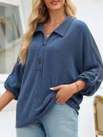 Oversized Twist Ribbed Collared Henley Top with Roll Up Sleeve