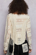 POL Round Neck Long Sleeve Exposed Seam Top with Lace Detail