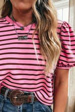 Stripe Striped V-Neck Ribbed Collar Cuff Gathering Puff Sleeve Top