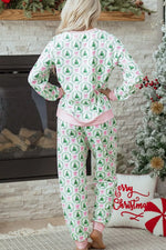 Christmas Tree Print Contrast Striped Banding 2pcs Lounge Set