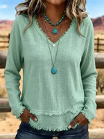 V-Neck Long Sleeve Blouse with Frayed Hem Detail