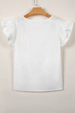 Lace Detail Flutter Sleeve Pleated Round Neck Blouse
