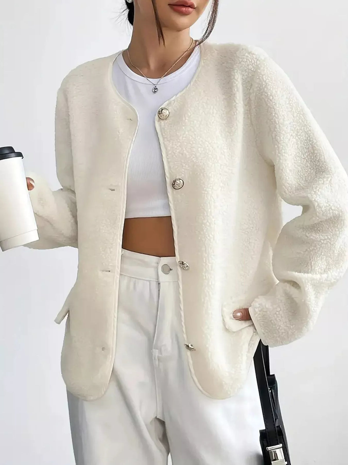 Full Size Textured Button-Up Fleece Outerwear Plus Size