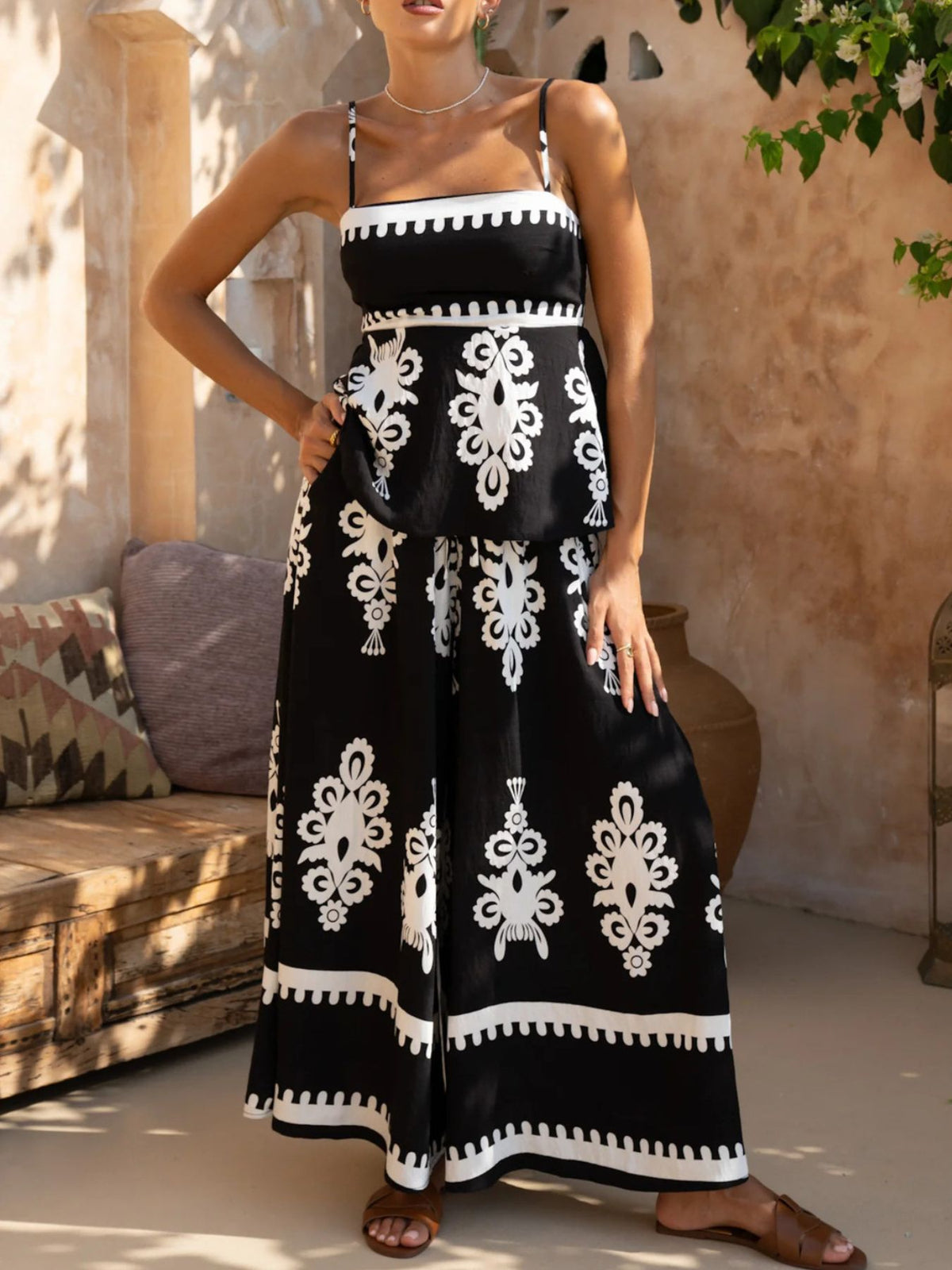 Full Size Printed Cami and Wide Leg Pants Set Plus Size