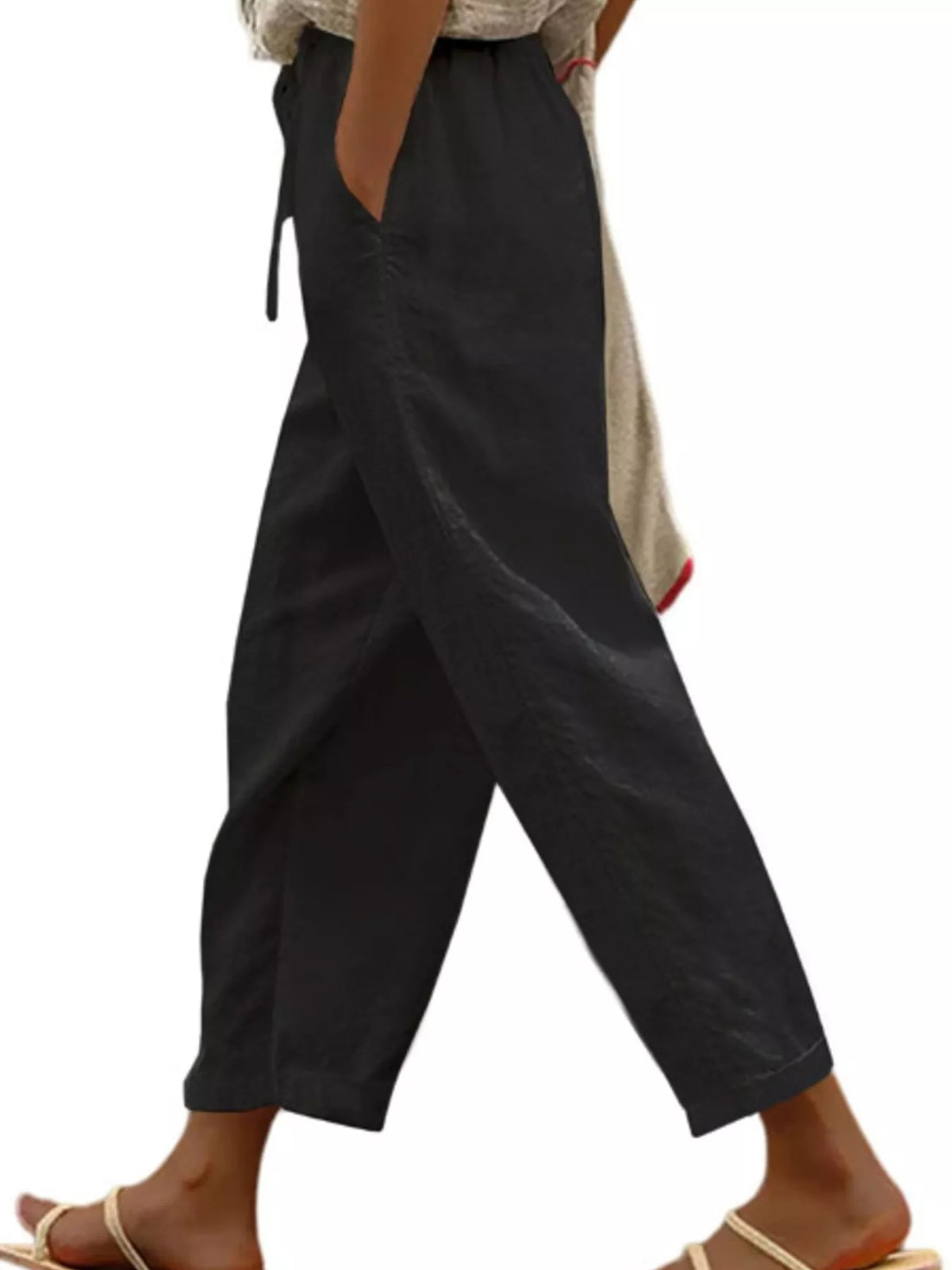 Casual Linen Drawstring Cropped Pants