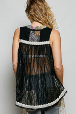 POL Floral V-Neck Sheer Tank with Lace Trim