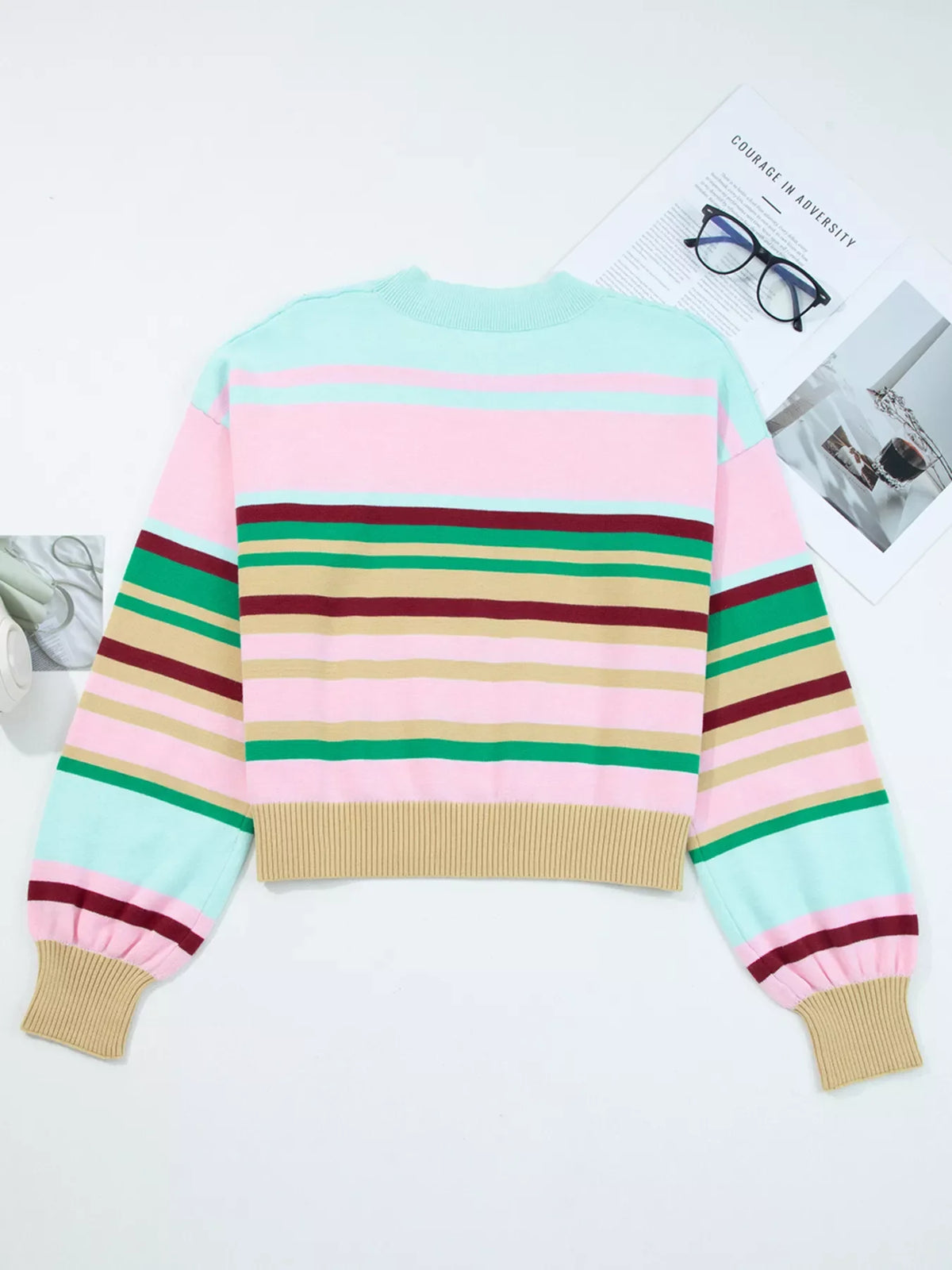 Multicolour Striped Knit Ribbed Trim Boxy Fit Cropped Sweater