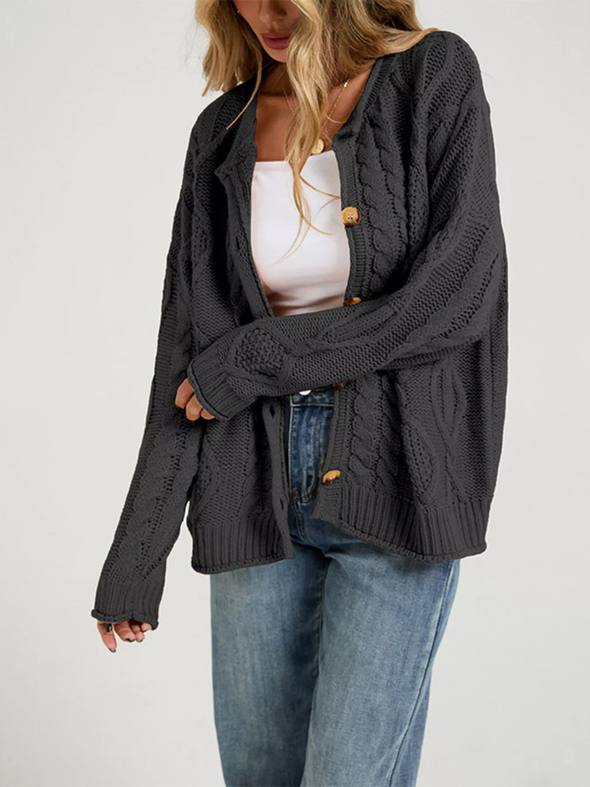 Cable-Knit Button-Down Cardigan