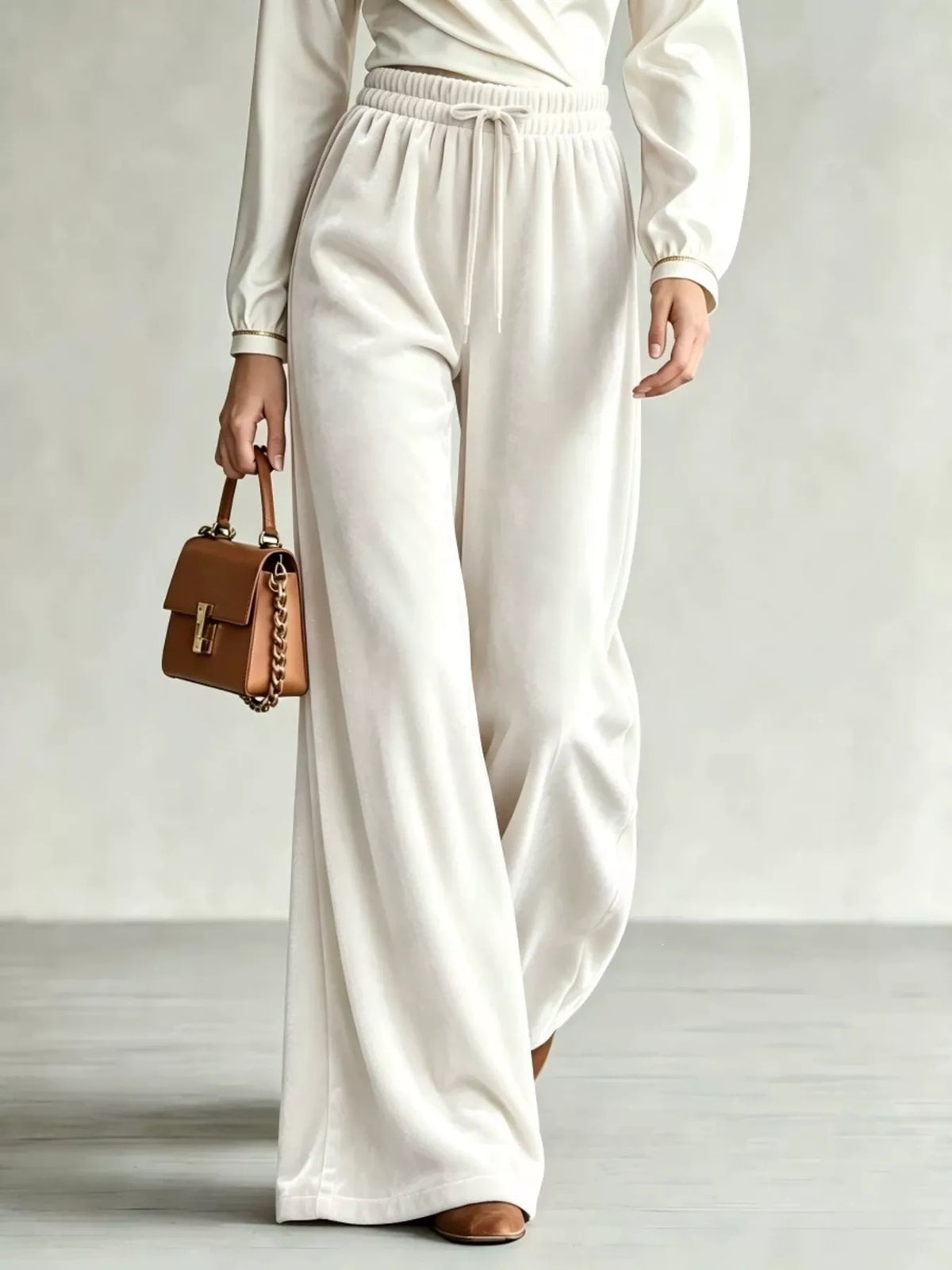 Velvet Wide-Leg Pants with Drawstring