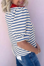 Striped Collared Neck Short Sleeve Blouse