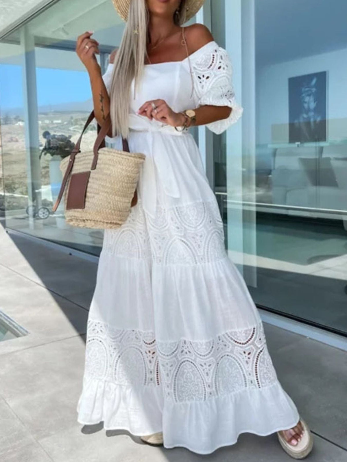 Lace Sleeve Belted Tiered Ruffled Maxi Dress