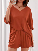Casual Solid Color V-Neck Top & Shorts Set
