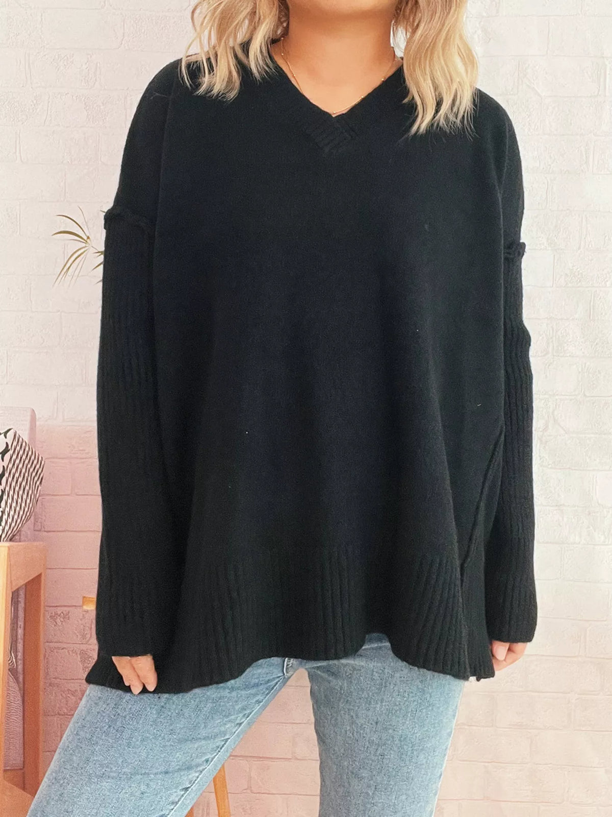 V-Neck Dropped Shoulder Sweater