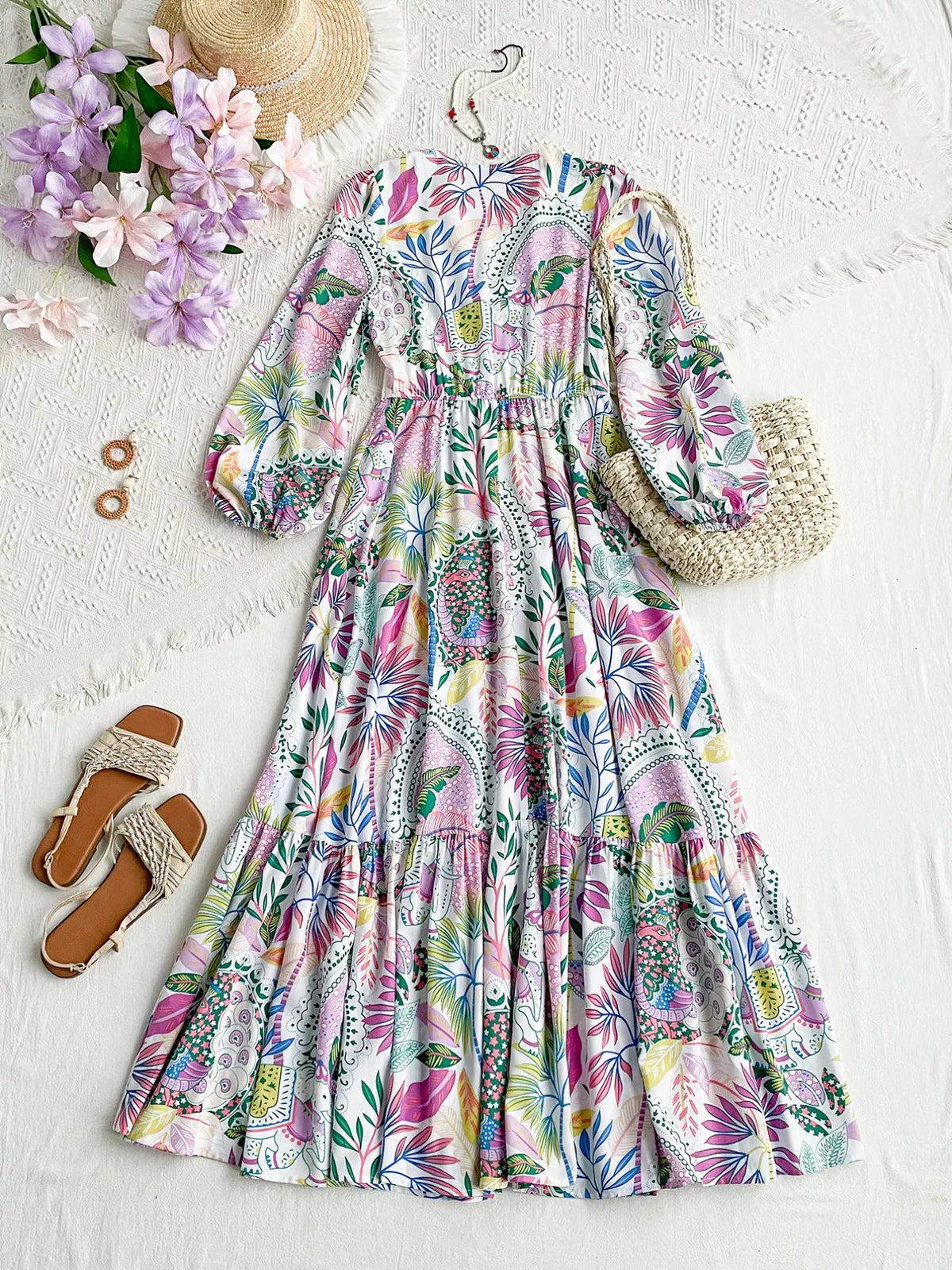 Lace Detail V-Neck Balloon Sleeve Dress