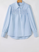 Stripe Shirred Detail Half Placket Collared Long Sleeve Shirt