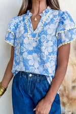 Floral Print Scalloped Trim V Neck Short Sleeve Blouse