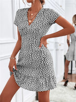 Printed Ruffled Hem V-Neck Short Sleeve Mini Dress