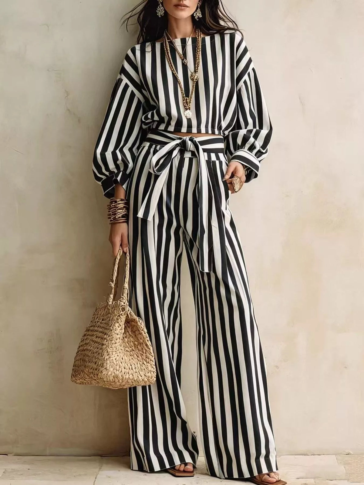 Striped Long Sleeve Top and Pants Two-Piece Set