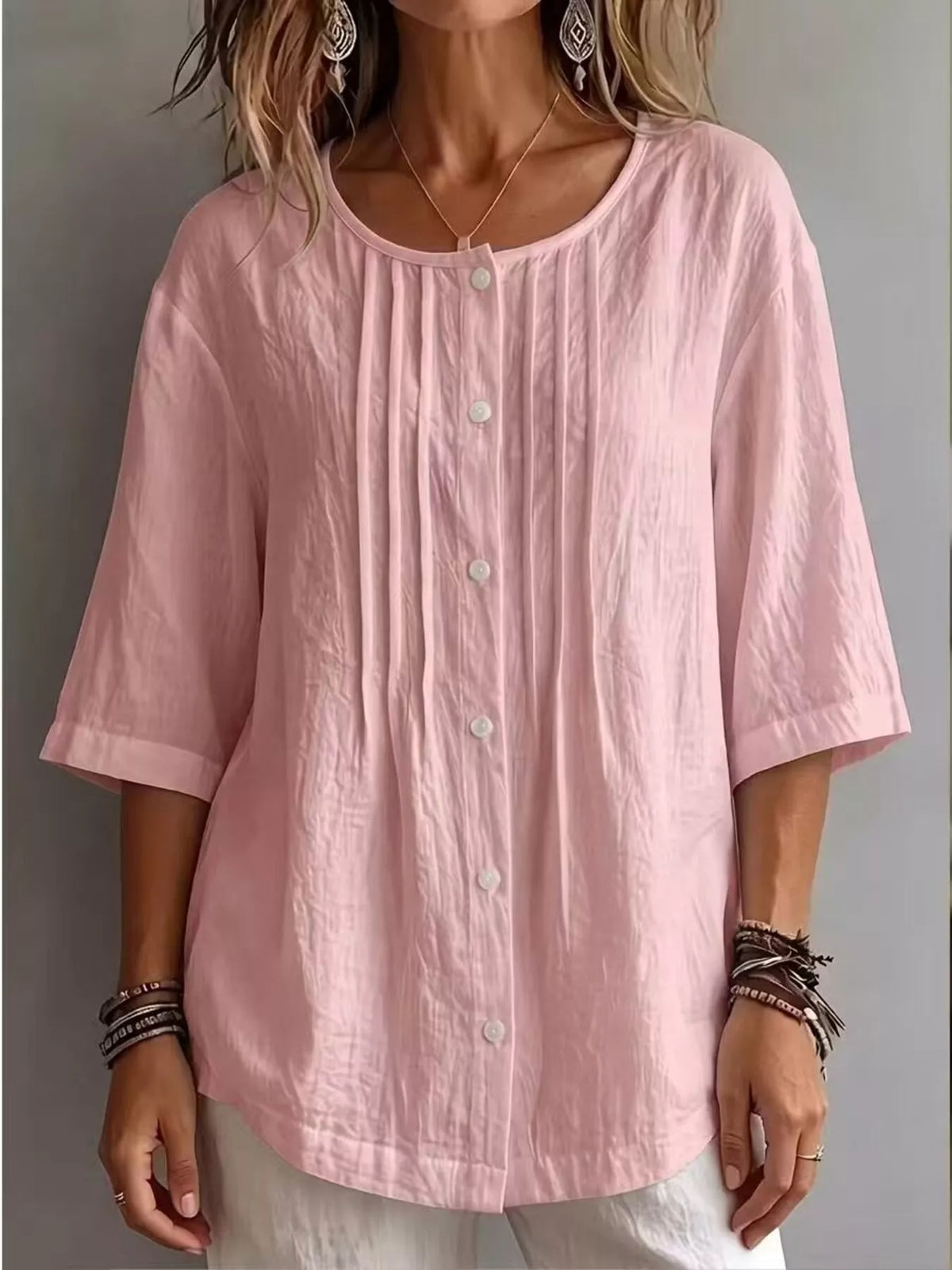 Full Size Texture Round Neck 3/4 Sleeve Blouse Plus Size