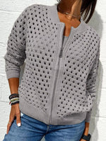 Full Size Zip Up Long Sleeve Cardigan with Eyelet Detail Plus Size