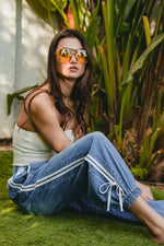 BiBi Striped Tape Details With Bot Tied Point Elastic Waist Jeans