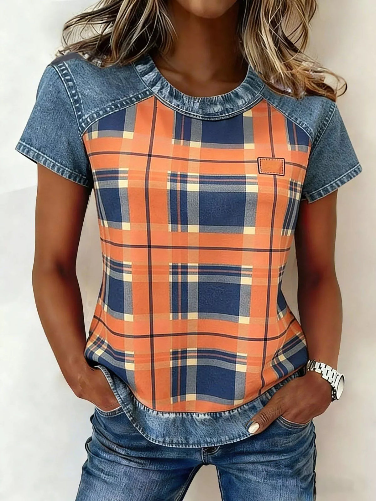Denim Patchwork Short Sleeve Blouse