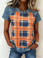 Denim Patchwork Short Sleeve Blouse