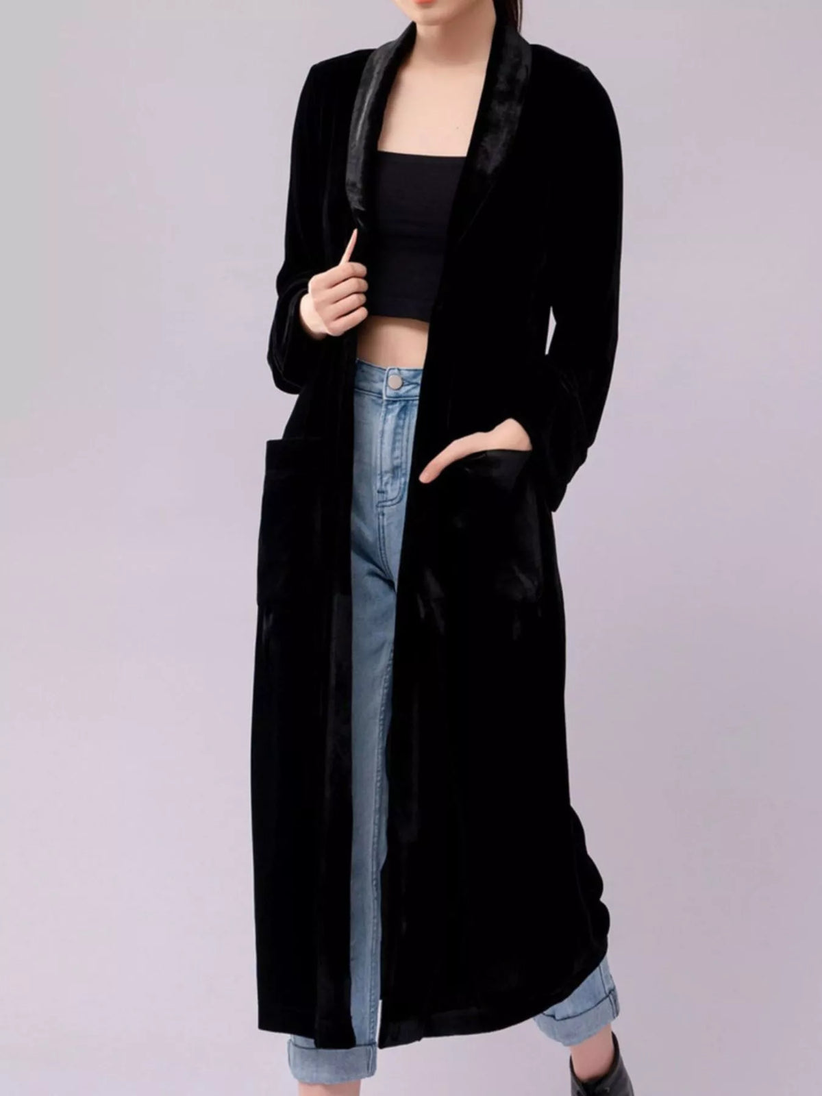 Velvet Lapel Collar Longline Coat
