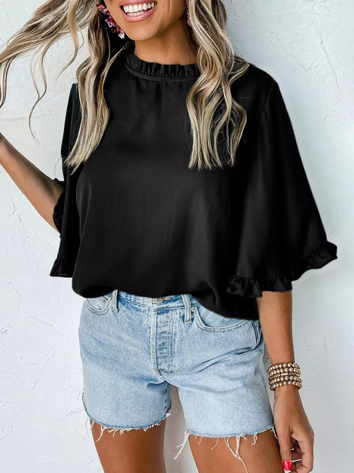 Ruffle Trim Half Sleeve Blouse
