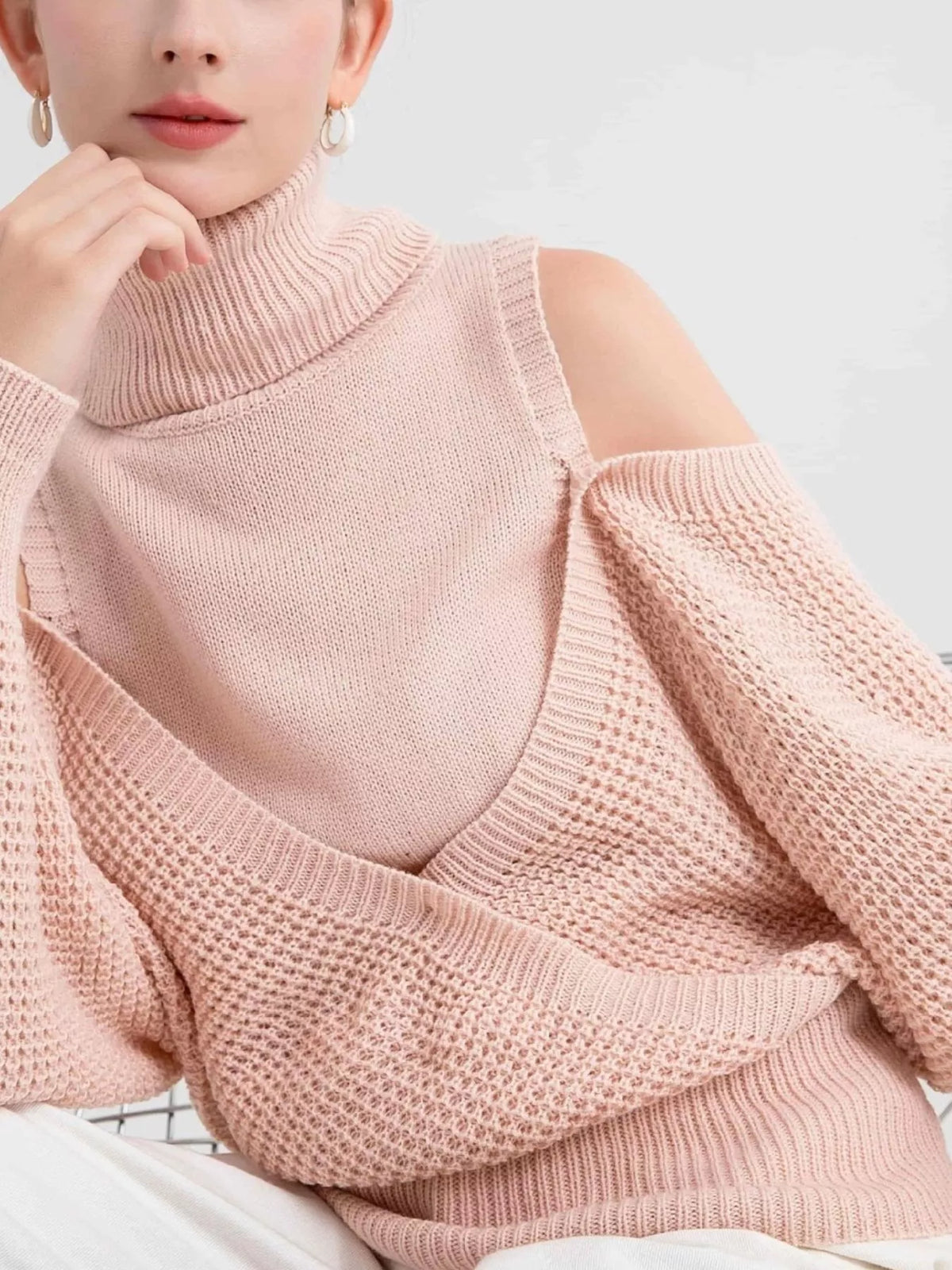 Waffle Knit Cold Shoulder Turtleneck Sweater