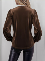 Lace Trim V-Neck Velvet Blouse