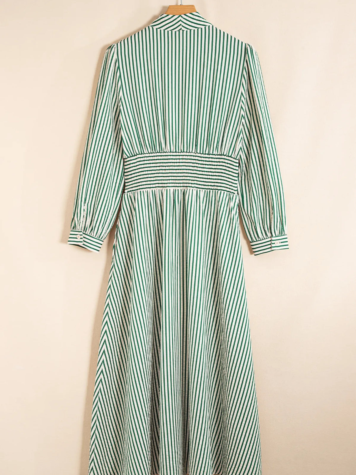 Stripe V Neck Zip Front Cinched High Waist Midi Dress