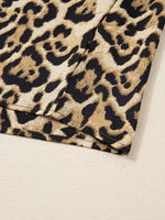 Leopard Collared 3/4 Sleeve Shirt and Loose Pants Two Piece Outfit Set