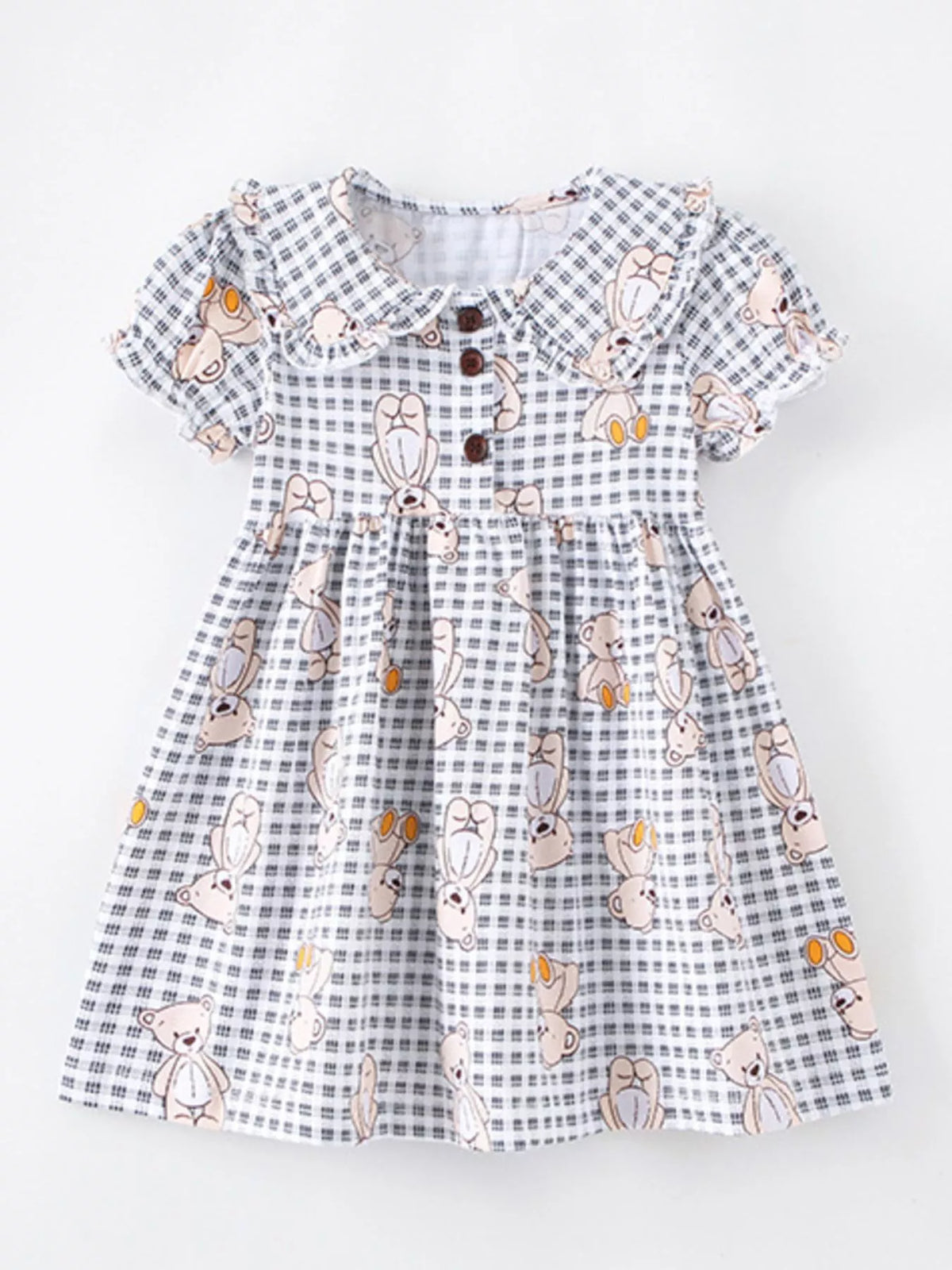 Children's Gingham Teddy Bear Print Peter Pan Collar Dress
