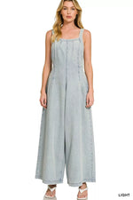 Zenana Denim Light Washed Wide Leg Overalls