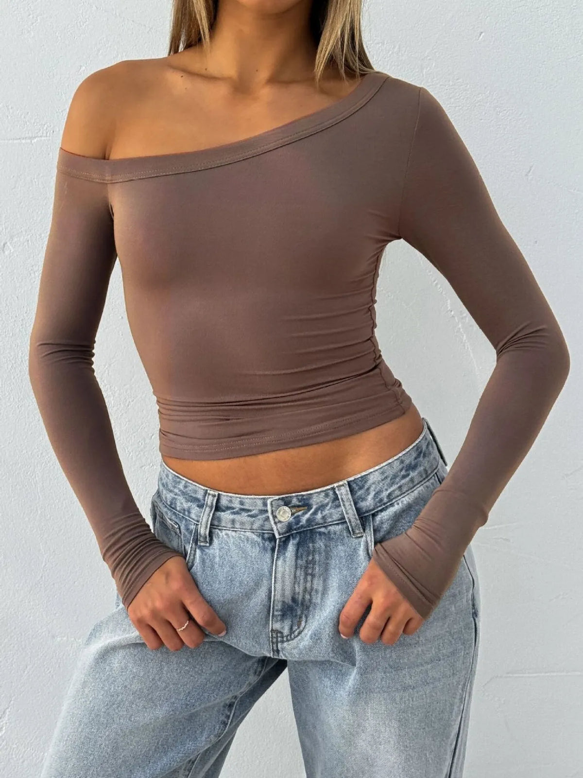 One Shoulder Long Sleeve Crop T-Shirt
