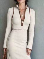 Full Size Contrast Trim Zip-Up Long Sleeve Knit Maxi Dress Plus Size