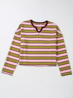 Stripes Waffle Texture Notched Neck Long Sleeve Top