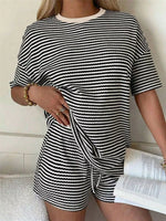 Striped Round Neck Tee and Shorts Set