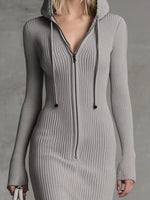 Hooded Ribbed Knit Lace Hem Midi Dress